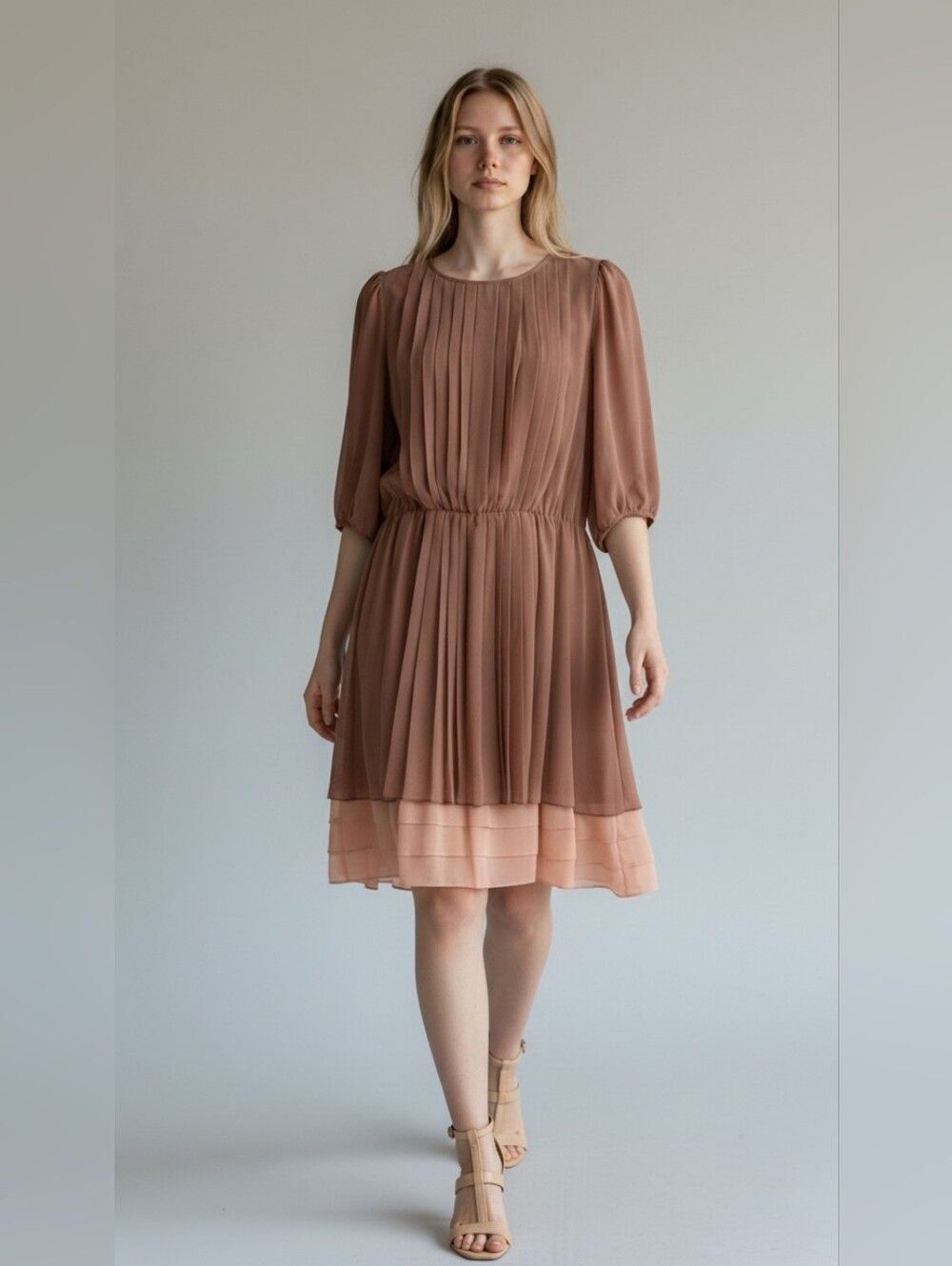 Jessica Simpson NWT Brown & Blush Pleated 3/4 Sleeve Dress Misses Size 12